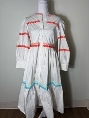 Marie by Victoria Dunn White Long Sleeve Button Up Crew Neck Maxi Dress Sz S